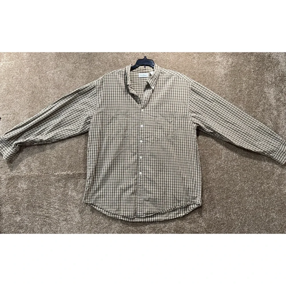 Men's LL Bean Button Down Long Sleeve Short - Large Reg - Brown Beige‎ Plaid